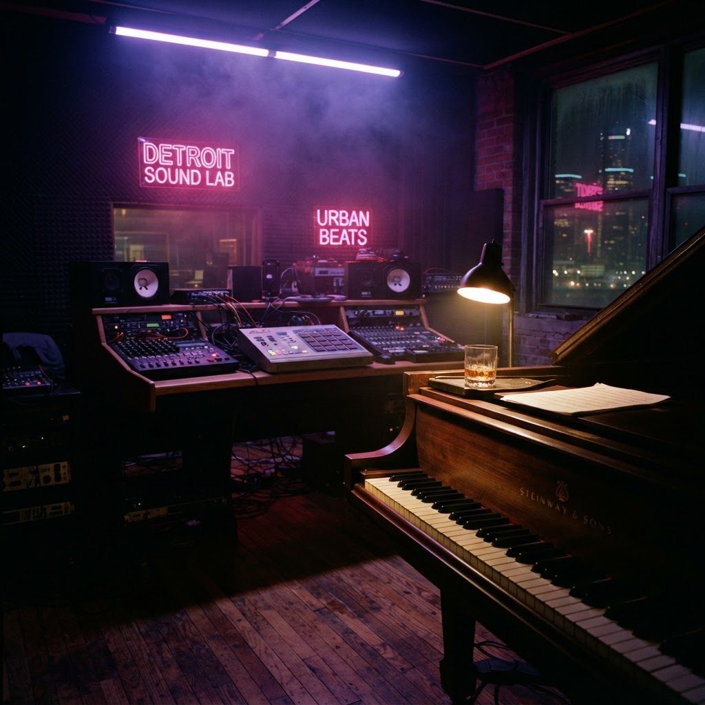 Detroit studio with grand piano keys and drum machine in neon light
