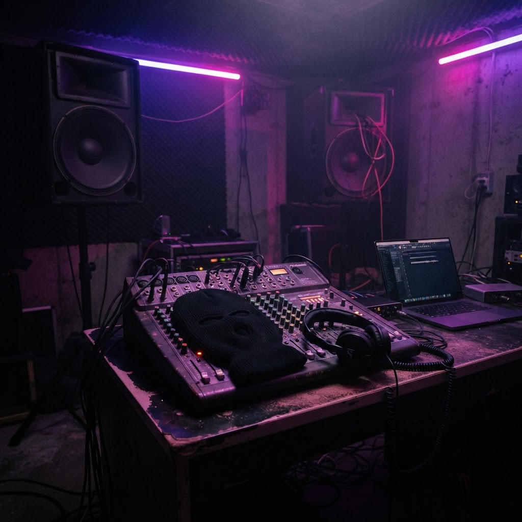 Underground studio with ski mask on a mixing console in neon light